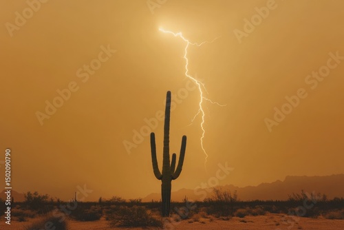 Saguaro cactus silhouette against a dramatic lightning strike in a golden-hued desert landscape, showcasing nature's raw power.