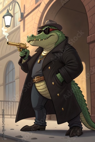 Cartoon crocodile character dressed in a black trench coat and sunglasses, holding a golden gun, exuding a cool and confident attitude in an urban setting