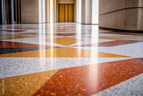 Elegant hallway with geometric patterned terrazzo flooring and blurred background featuring doors and pillars.
