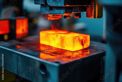 Hot metal billet under a hydraulic forging press ready to be shaped in an industrial setting.