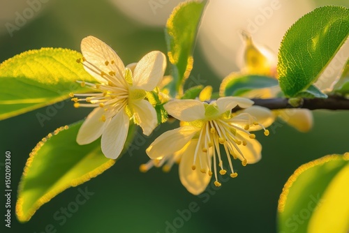 Two exquisite white plum blossoms bloom on a branch, bathed in warm golden sunlight, against a blurred green background.