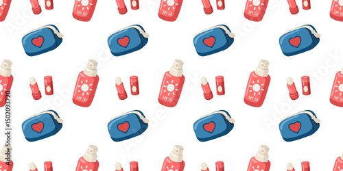 Seamless summer pattern with sunscreen, lip balm and blue travel pouches. Cartoon vector illustration background