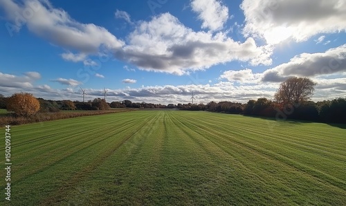 Wide grassy field, stretching into the distance under a partly cloudy blue sky.  Lines in the grass, hints of autumnal colors in the trees