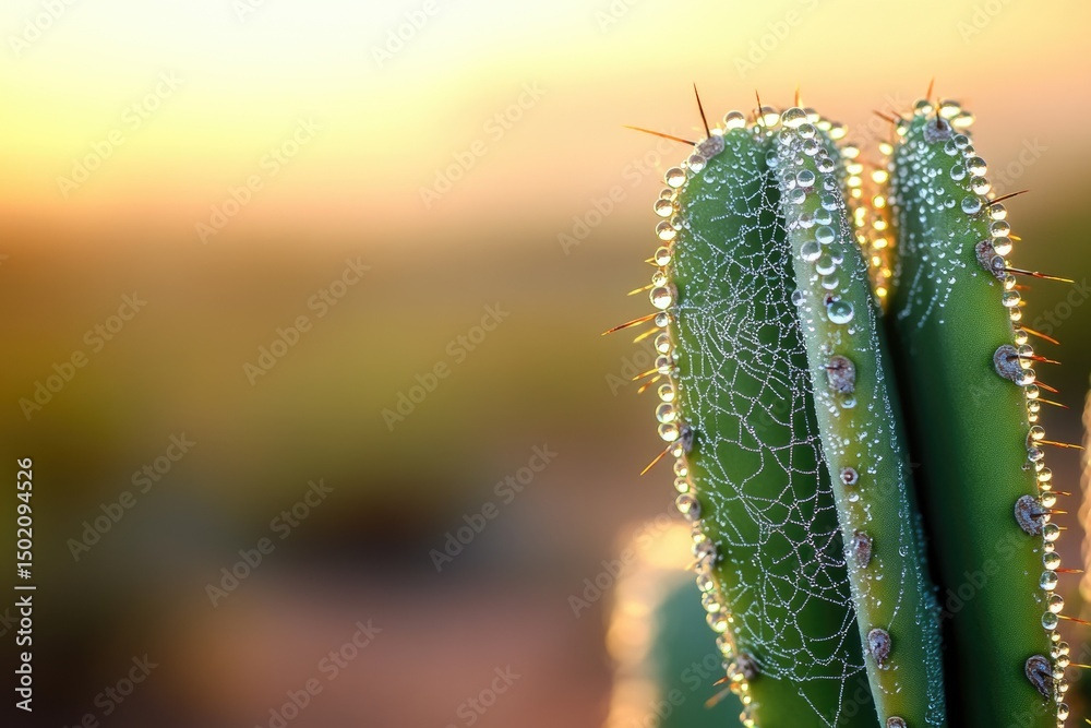 Naklejka premium Close-up of a green cactus covered in water droplets and a delicate spiderweb, illuminated by the warm, golden light of sunrise.