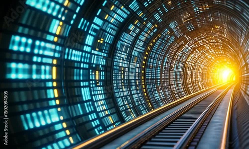 Digital tunnel with glowing binary code.