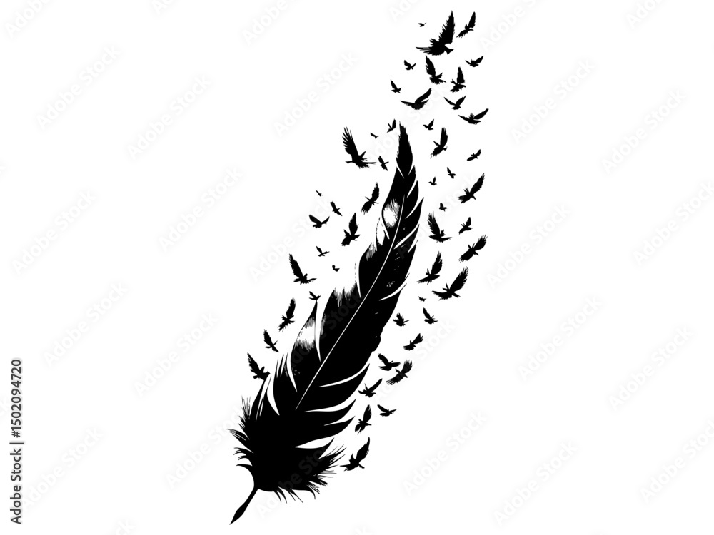 Fototapeta premium Black Feather Transforming into Flying Birds – Freedom, Creativity & Metamorphosis Silhouette Illustration.