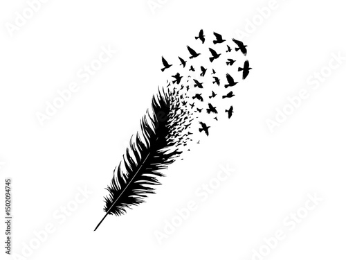 Black Feather Transforming into Flying Birds – Freedom, Creativity & Metamorphosis Silhouette Illustration.