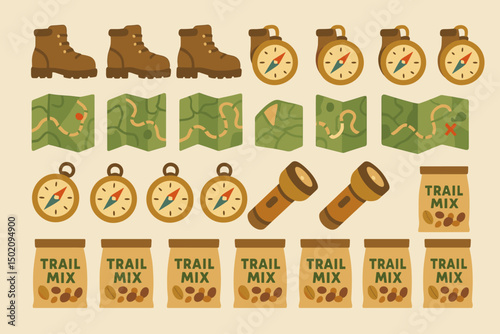 Exploring outdoor adventures with maps, compasses, hiking boots, and trail mix for a memorable experience