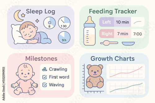 Baby development tracking tools for sleep, feeding, milestones, and growth in a colorful layout