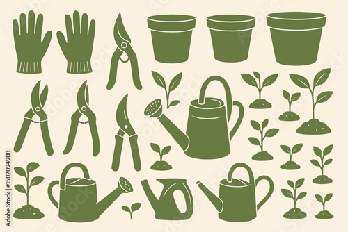 Gardening tools and plants illustration showcasing essential equipment and small seedlings for gardening