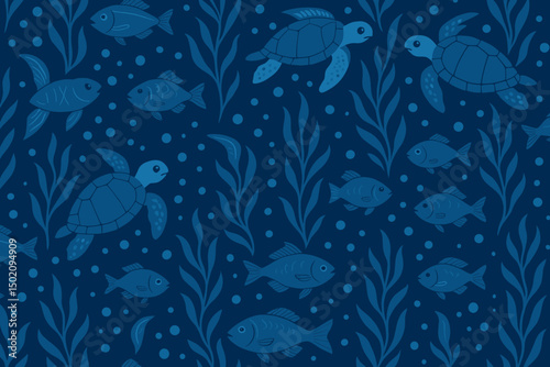 Colorful aquatic pattern featuring turtles and fish swimming among seaweed in deep blue waters