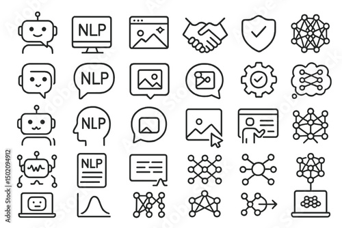 Collection of simple line icons representing natural language processing concepts and technology frameworks for AI and machine learning applications