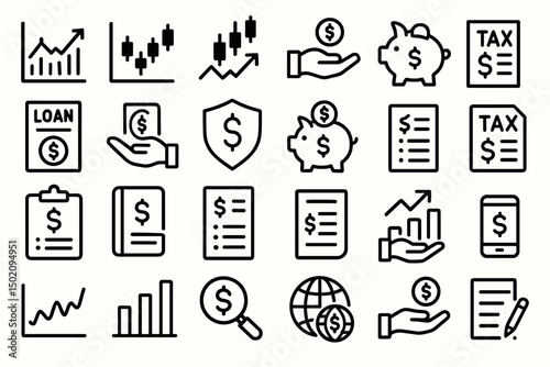 Finance symbols representing investment, savings, loans, and taxes in a minimalistic design suitable for educational purposes