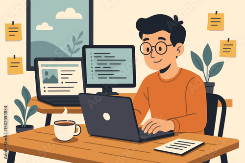 Young man working from home at a modern desk with a laptop and computer screen during a productive morning