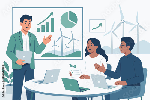 Business team discusses sustainable energy strategies in a modern office setting with graphs and wind turbines on display