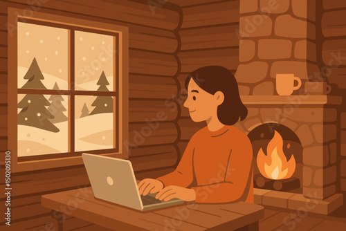 Cozy winter evening by the fireplace with a person working on a laptop in a wooden cabin