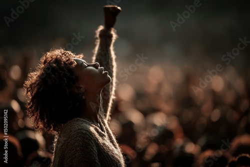 Elevated Spirit A Woman Celebrating with Raised Fist in a Crowd