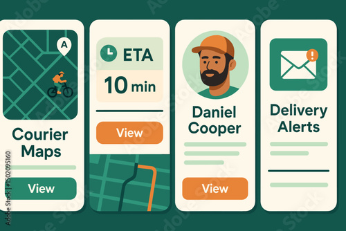 Delivery app interface showing courier status, estimated time of arrival, and alerts in a clean, organized layout