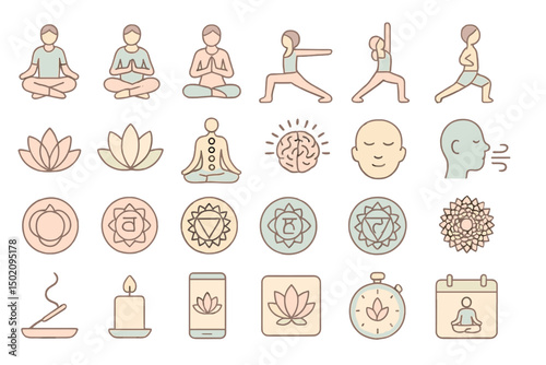 Wellness and mindfulness symbols showcasing meditation, yoga poses, and spiritual elements in a harmonious design