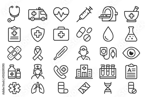Health care symbols and icons representing medical services and practices in modern health facilities
