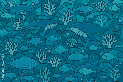 Colorful marine life illustration featuring whales, fish, and coral in a serene underwater setting