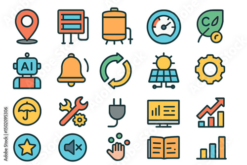 Colorful icons representing technology, sustainability, and automation in a modern digital environment