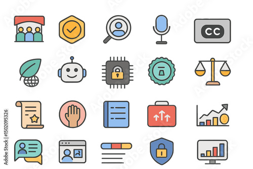 Icons representing digital tools and concepts for technology, communication, and security in a modern workspace