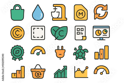 Icons representing sustainability, water management, and recycling concepts in a colorful design for educational purposes