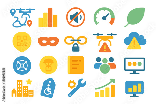 Colorful icons depicting technology, data analysis, and environmental themes in a modern design layout