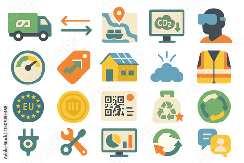 Collection of colorful icons representing technology, sustainability, and transport in modern society