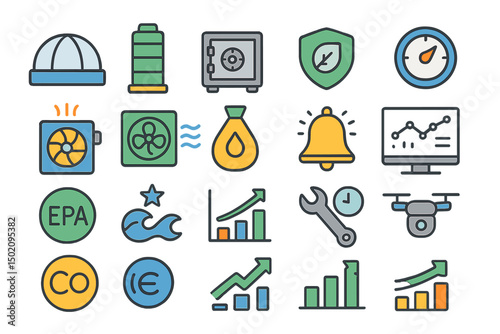 Illustration of various environmental and safety icons related to energy management and sustainability