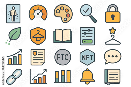Icon collection featuring diverse symbols for technology, security, and art concepts in a modern design style