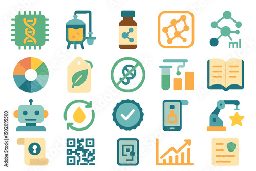 Collection of colorful science and technology icons including laboratory equipment and molecular structures