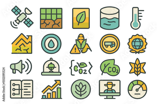 Diverse collection of environmental icons showcasing sustainability, nature, and innovation in a modern design style
