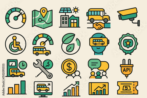 Icon collection depicting transportation, sustainability, and technology concepts in modern urban settings