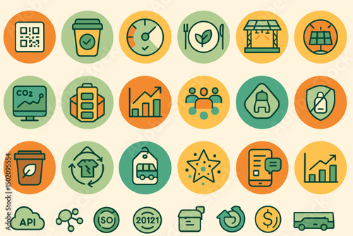 Collection of eco-friendly and technology-themed icons showcasing sustainability and innovation in design and development