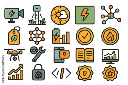 Diverse collection of icons representing energy, technology, and environmental themes suitable for various projects