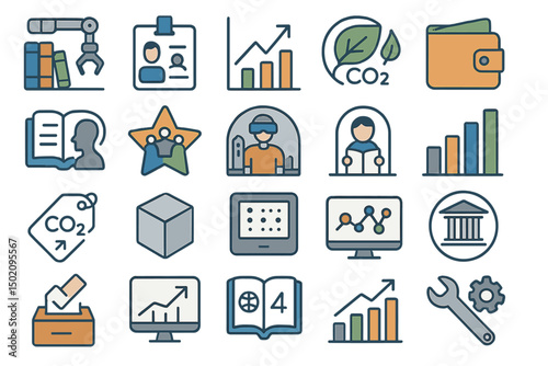 Various icons representing concepts of education, environment, economy, and technology in a modern design style