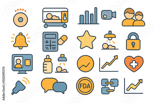 Health and wellness icons representing various aspects of medical care, monitoring, and communication in a modern environment