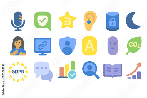 Various icons representing digital privacy, data protection, and communication themes in a colorful layout