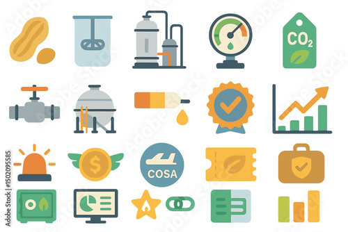 Illustrative icons representing various aspects of environmental sustainability and industry practices in a modern design context