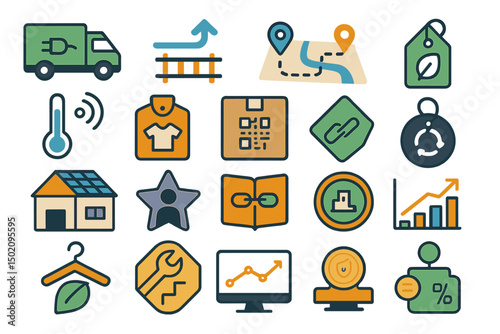 Icons representing sustainable logistics and green technology in urban transportation systems
