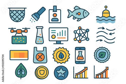 Icons representing ocean exploration and environmental research activities in a colorful and modern design featuring various tools and concepts