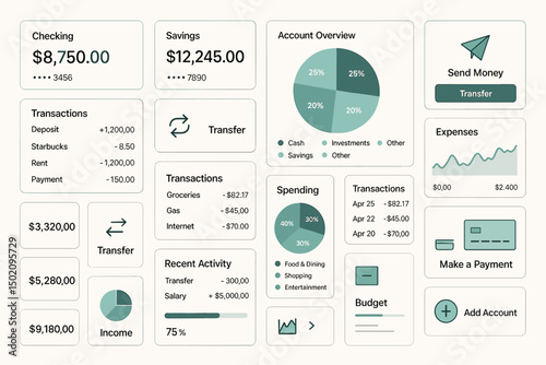 Financial dashboard showing personal account balances and recent transactions for budgeting and money management
