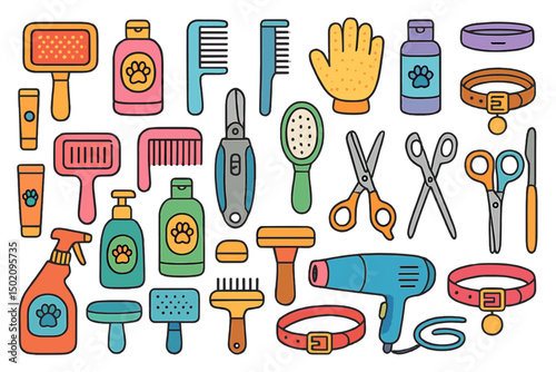 Essential grooming tools and supplies for pet care arranged on a flat surface for easy access and organization