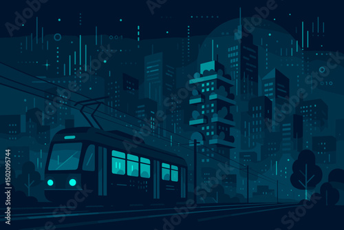 Evening tram journey through a bustling city with modern skyscrapers and vibrant lights