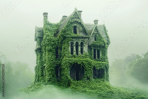 A grand, abandoned house consumed by vibrant green ivy, shrouded in mist, evokes a sense of mystery and forgotten grandeur.