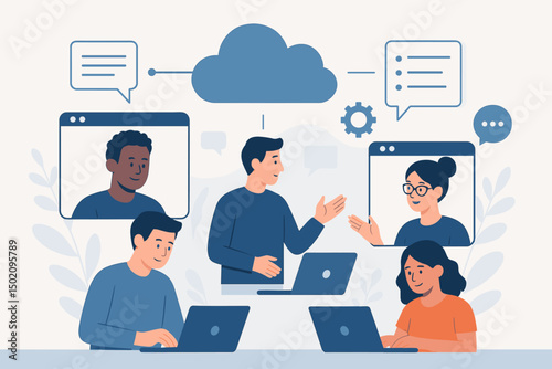 People engaging in remote team collaboration during a virtual meeting with cloud technology