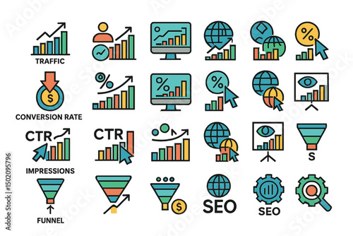 Creative and colorful digital marketing icons representing key metrics and analytics for online success in a vibrant design layout
