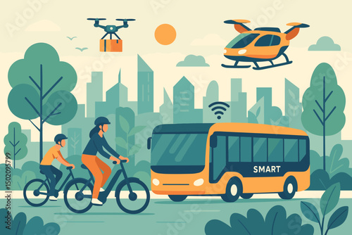 Modern urban transit with bicycles, a smart bus, drones, and a helicopter in a vibrant city setting